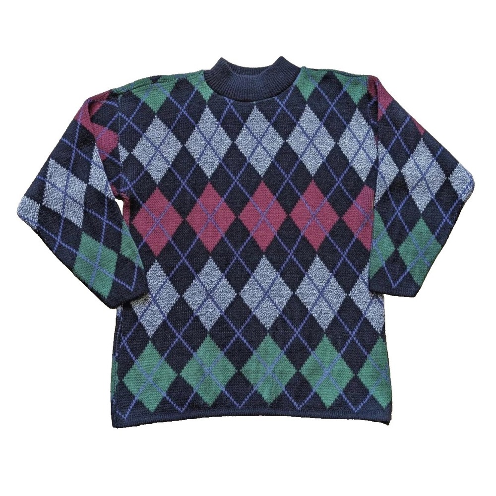 VTG Huntington Ridge HIPSTER ARGYLE SWEATER Black/Red/Green BIGGIE Preppie SZ L